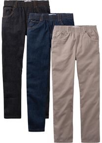 Schlupfhose bonprix "Regular Fit Schlupfhose aus reiner Baumwolle, Straight (3er-Pack)", Jungen, Gr. 158, N-Gr, schwarz (schwarz denim, dunkelblau denim, taupe), Obermaterial: 100% Baumwolle, regular fit, Hosen Schlupfhose, aus Baumwolle, mit elastischem Gummizugbund, Regular Fit