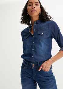 Jeansbluse bonprix, Damen, Gr. 38, blau, Denim/Jeans, Obermaterial: 100% Baumwolle, Abriebeffekte, unifarben, schmal normal, 1-Knopf-Manschette krempelbar, Blusen Jeansbluse, schmale Passform, aus reiner Baumwolle, mit Druckknopfleiste, Topseller