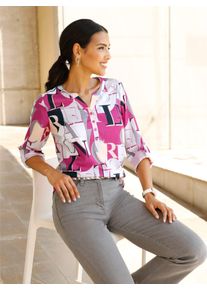 Langarmbluse Classic Basics, Damen, Gr. 42, fuchsia, hellgrau, bedruckt, 100% Polyester, gemustert, mehrfarbig, Rundhals, Blusen Langarmbluse
