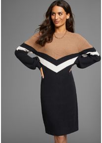 Strickkleid Laura Scott, Damen, Gr. 48, N-Gr, schwarz (schwarz, beige), Strick, Obermaterial: 50% Viskose, 28% Polyester, 22% Polyamid, mehrfarbig, figurbetont mini, Rundhals, Raglan&auml;rmel B&uuml;ndchen, Kleider Strickkleid, mit Streifenmuster aus weicher Viskosequalit&auml;t