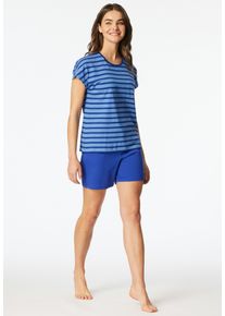 Shorty Schiesser "Casual Essentials", Damen, Gr. 46, 833, blau, Single Jersey, Obermaterial: 100% Baumwolle, Basic kurz, Rundhals, Homewear-Sets Shorty, mit unifarbenem Shirt und gestreifter Hose