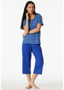 Schlafanzug Schiesser "Casual Essentials", Damen, Gr. 42, 819, blau, Single Jersey, Obermaterial: 100% Baumwolle, regular fit 3/4-L&auml;nge, V-Ausschnitt, Homewear-Sets Schlafanzug, mit modisch umgeschlagenen &Auml;rmeln