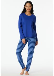 Schlafanzug Schiesser "Casual Essentials", Damen, Gr. 46, 819, blau, Single Jersey, Obermaterial: 100% Baumwolle, bequem lang, Rundhals, Homewear-Sets Schlafanzug, mit eingefasster, runder Halsausschnitt