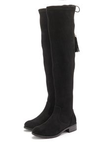 Overkneestiefel Lascana "Stiefel, Langschaftstiefel", Damen, Gr. 39, Varioschaft, schwarz, Obermaterial: 100% Textilmaterial. Decksohle: 100% Lederimitat. Futter: 100% Textilmaterial. Laufsohle: 100% Synthetik, unifarben, Schuhe Overkneestiefel, mit elastischem Weitschaft und raffiniertem Flechtdetail