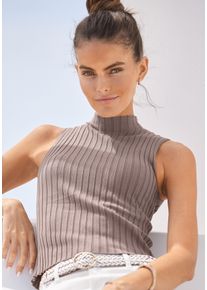 Stricktop Lascana, Damen, Gr. 44/46, grau (taupe), Rippstrick, Obermaterial: 70% Viskose, 30% Polyamid, unifarben, figurbetont h&uuml;ftlang, hoch geschlossener Ausschnitt, Tops Stricktop, aus weichem Rippstrick mit Stehkragen, modisch, Topseller