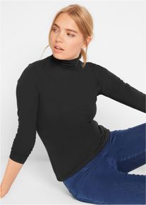 Langarmshirt bonprix "Langarmshirt mit reiner Baumwolle", Damen, Gr. 56/58 (XXXL), schwarz, Web, Obermaterial: 95% Baumwolle, 5% Elasthan, unifarben, schmal normal, ohne Ausschnitt, gerader Abschluss, Shirts Langarmshirt, schmale Passform, mit Rollkragen, ohne Verschluss