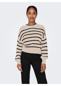 Rundhalspullover Only "ONLIBI LS O-NECK NOOS KNT", Damen, Gr. XS, wei&szlig; (wei&szlig;cap gray stripes:with schwarz), Strick, Obermaterial: 50% Viskose, 27% Nylon, 23% Polyester, gestreift, slim fit normal, Rundhals, Rippb&uuml;ndchen, Pullover Rundhalspullover