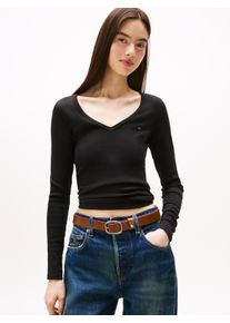Langarmshirt Tommy Jeans "TJW SLIM ESSENTIAL RIB V LS", Damen, Gr. XL (42), schwarz, Rippware, Obermaterial: 95% Baumwolle, 5% Elasthan, bestickt, unifarben, schmal h&uuml;ftlang, V-Ausschnitt, abgesteppt, Shirts Langarmshirt, mit Logostickerei