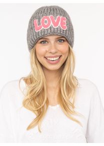 Beanie Zwillingsherz "Love Label", Damen, grau, Strick, Materialmix, M&uuml;tzen Beanie, mit LOVE-Schriftzug und Wollanteil