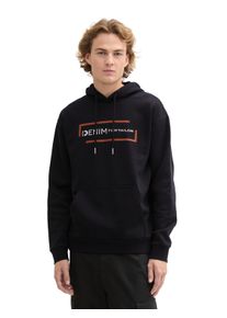 Hoodie Tom Tailor Denim, Herren, Gr. M, schwarz (old schwarz), Sweatware, Obermaterial: 70% Baumwolle, 30% Polyester, bedruckt, B&uuml;ndchen, Sweatshirts Hoodie, mit gro&szlig;em Logoprint