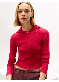 Strickjacke Tommy Jeans "TJW ESSENTIAL ZIPPER HOOD CARDI", Damen, Gr. XS (34), ruby rhubarb, Strick, Obermaterial: 65% Baumwolle, 35% Polyamid, unifarben, regular fit taillenlang, Rundhals, Strickjacken Strickjacke, mit Zopfstrickmuster und Kapuze