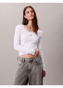 Langarmshirt Calvin Klein Jeans "LS WOVEN LABEL 2X2 RIB SCOOP NEC", Damen, Gr. XL (44), wei&szlig; (brilliant wei&szlig;), Web, Obermaterial: 94% Baumwolle, 6% Elasthan, unifarben, regular fit normal, Rundhals, eingesetzt gerader Abschluss, Shirts Langarmshirt, Mit Rundhalsausschnitt, regular fit