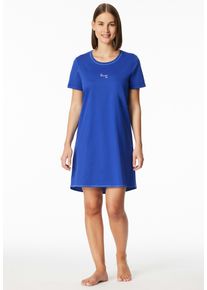 Nachthemd Schiesser "Casual Essentials", Damen, Gr. 44, N-Gr, 819, blau, Single Jersey, Obermaterial: 100% Baumwolle, bequem kurz, Rundhals, Kleider Nachthemd, mit Statement-Print, Baumwolle, kurz&auml;rmelig, Rundhalsausschnitt