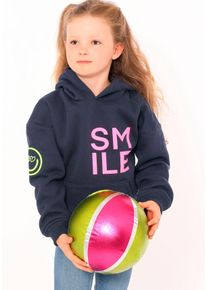 Hoodie Zwillingsherz "Alissa-Kids", M&auml;dchen, Gr. 134/140, blau (marine), Sweatware, Obermaterial: 50% Baumwolle, 50% Polyester, regular fit normal, ohne Ausschnitt, angesetztes B&uuml;ndchen, Sweatshirts Hoodie, mit "Smile"-Aufdruck in Neonfarben und gestickte Smiley