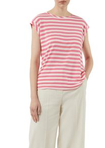 T-Shirt comma, Damen, Gr. 38, pink (wei&szlig;, pink), Single Jersey, Obermaterial: 85% Viskose, 15% Leinen, gestreift, regular fit taillenbedeckt, Rundhals, Shirts T-Shirt, mit Streifen Muster
