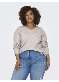 Strickpullover Only CARMAKOMA "CARCAMILLA V-NECK L/S PULLOVER KNT NOOS", Damen, Gr. S, beige (pumice stone detail:melange), Strick, Obermaterial: 74% Polyacryl, 24% Polyester, 2% Elasthan, meliert, normal, V-Ausschnitt, Pullover Strickpullover, Materialmix