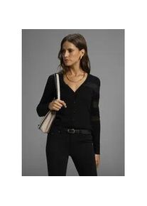 Strickjacke Melrose, Damen, Gr. 44, schwarz, Feinstrick, Obermaterial: 75% Viskose, 25% Polyamid, Mesh, gestreift, leicht durchscheinend, tailliert h&uuml;ftbedeckend, tiefer V-Ausschnitt, Strickjacken Strickjacke, mit transparenten Streifen und Knopfleiste, Topseller