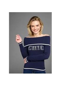 Carmenpullover Laura Scott, Damen, Gr. 36, blau (marine), Feinstrick, Obermaterial: 70% Viskose, 30% Polyamid, bestickt, kontrastfarbene Details, unifarben, figurbetont taillenbedeckt, Carmenausschnitt, Rippb&uuml;ndchen, Pullover Carmenpullover, mit Schrift aus Glitzersteinen und Zierperlen