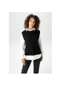 Strickpullover Aniston CASUAL, Damen, Gr. 44, schwarz-wei&szlig; (schwarz, wei&szlig;), Strick, Obermaterial: 100% Polyacryl. Bluseneinsatz: 100% Baumwolle, kontrastfarbene Details, unifarben, l&auml;ssig geschnitten Po-bedeckend, 1-Knopf-Manschette, Pullover Strickpullover, mit Bluseneinsatz