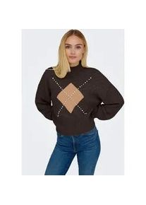 Strickpullover Only "ONLWAKEFIELD LIFE LS BLING HIGHNECK KNT", Damen, Gr. M, chocolate torte detail:tan, mel, silber bling, Strick, Obermaterial: 63% Polyester, 33% Polyacryl, 4% Elasthan, bedruckt, regular fit normal, hoch geschlossener Ausschnitt, Rippb&uuml;ndchen, Pullover Strickpullover