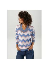 Strickpullover Aniston CASUAL, Damen, Gr. 42, gold (blau, altrosa, wei&szlig;, goldfarben), Strick, Obermaterial: 49% Viskose, 26% Polyamid, 24% Polyester, 1% metallisierte Fasern, Glanzfaden, Jacquardmuster, l&auml;ssig geschnitten h&uuml;ftlang, V-Ausschnitt, Rippstrickb&uuml;ndchen, Pullover Strickpullover, im interessantem Zick-Zack-Muster