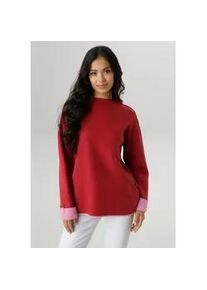 Strickpullover Aniston SELECTED, Damen, Gr. 44, bunt (bordeaux, rosa), Feinstrick, Obermaterial: 100% Polyacryl, unifarben mit Farbeins&auml;tzen, oversize h&uuml;ftbedeckend, U-Boot-Ausschnitt, Umschlagsaum kontrastfarben, Pullover Strickpullover, mit rosafarbenen Zierkanten