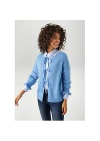Strickjacke Aniston CASUAL, Damen, Gr. 38, blau, Grobstrick, Obermaterial: 100% Polyacryl, unifarben, oversize h&uuml;ftlang, Rundhals, gewellter Abschluss, Strickjacken Strickjacke, mit trendigen Bindeb&auml;ndern zu schlie&szlig;en