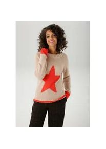 Strickpullover Aniston CASUAL, Damen, Gr. 34, orange (hellbeige orange), Strick, Obermaterial: 100% Polyacryl, unifarben mit Farbeinsatz, figurumspielend h&uuml;ftlang, Rundhals, Raglan&auml;rmel Rippstrickb&uuml;ndchen, Pullover Strickpullover, mit gro&szlig;em Stern im Vorderteil