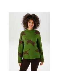 Strickpullover Aniston CASUAL, Damen, Gr. 38, braun (gr&uuml;n, dunkelbraun), Strick, Obermaterial: 100% Polyacryl, Jacquardmuster, l&auml;ssig geschnitten h&uuml;ftlang, Strickkante, Pullover Strickpullover, mit eingestrickten Leoparden, Topseller
