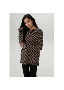 Strickpullover Aniston SELECTED, Damen, Gr. 40, blau (marine, camel), Feinstrick, Obermaterial: 67% Polyacryl, 30% Polyester, 3% Elasthan, Jacquardmuster, gemustert, l&auml;ssig geschnitten h&uuml;ftbedeckend, Rundhals, Pullover Strickpullover, mit eingestrickter Zick-Zack-Allover-Musterung, Topseller