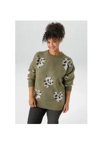 Strickpullover ANISTON PLUS, Damen, Gr. 48, gr&uuml;n (olive, wei&szlig;, schwarz), Strick, Obermaterial: 74% Polyacryl, 23% Polyester, 3% Elasthan, Animal-Print, gemustert, l&auml;ssig geschnitten Po-bedeckend, Rundhals, Strickb&uuml;ndchen, Pullover Strickpullover, mit eingestrickten Herzchen in Animalprint