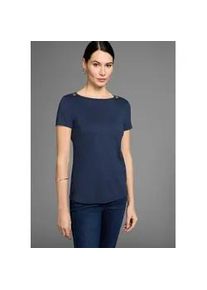 Rundhalsshirt HECHTER PARIS, Damen, Gr. 32/34, blau (marine), Single Jersey, Obermaterial: 50% Baumwolle, 50% Modal, unifarben, figurumspielend h&uuml;ftlang, U-Boot-Ausschnitt, Shirts Rundhalsshirt, mit gebrandeten Zierkn&ouml;pfen