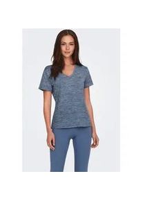 Trainingsshirt Only Play "ONPCORE LIFE VN SS REG TEE NOOS", Damen, Gr. XS, blau (vintage indigo detail:melange), Single Jersey, Obermaterial: 96% Polyester, 4% Elasthan, meliert, regular fit normal, V-Ausschnitt, Shirts, mit reflektierenden Details