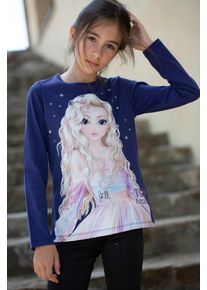 Langarmshirt TOPMODEL, M&auml;dchen, Gr. 152, blau (blau ribbon), Single Jersey, Obermaterial: 100% Baumwolle, bedruckt, normal, Rundhals, abgesteppte Kante, Shirts Langarmshirt, mit gro&szlig;em Top Model Frontdruck