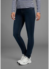Slim-fit-Jeans Arizona "Bund mit seitlichem Gummizugeinsatz", Damen, Gr. 88, K + L Gr, blau (dunkelblau us), Denim/Jeans, Obermaterial: 98% Baumwolle, 2% Elasthan, Basic, slim fit lang, Jeans Slim-fit-Jeans, schmale Passform, R&ouml;hrenjeans, Used-Waschung, hohe Leibh&ouml;he
