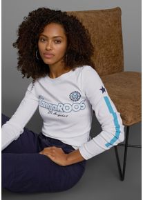 Langarmshirt Kangaroos, Damen, Gr. 48/50, bunt (wei&szlig;, bedruckt, blau), Rippware, Obermaterial: 100% Baumwolle, sehr figurbetont h&uuml;ftlang, Rundhals, Shirts Langarmshirt, lang&auml;rmelig, sehr figurbetont, mit Logodruck, aus Baumwolle, Topseller