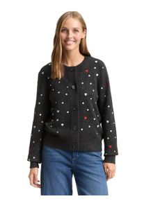 Cardigan Tom Tailor Denim, Damen, Gr. M, grau wei&szlig; dots and hearts, Strick, Obermaterial: 79% Polyacryl, 18% Polyester, 3% Elasthan, bestickt, regular fit normal, Rundhals, Rippb&uuml;ndchen, Strickjacken Cardigan, mit Stickereien