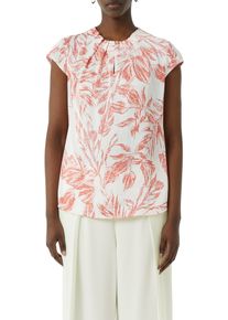 Kurzarmbluse comma, Damen, Gr. 34, rot (coral rot), Satin, Obermaterial: 95% Polyester, 5% Elasthan, bedruckt, regular fit taillenbedeckt, Rundhals, Blusen Kurzarmbluse, mit All-Over Print und gerafftem Ausschnitt