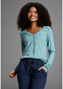 Langarmshirt Kangaroos, Damen, Gr. 32/34, gr&uuml;n (blaugr&uuml;n), Jersey, Obermaterial: 50% Baumwolle, 50% Modal, unifarben, l&auml;ssig geschnitten h&uuml;ftlang, Rundhals, abgesteppte Kante, Shirts Langarmshirt, mit Knopfleiste und s&uuml;&szlig;en Details