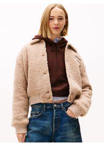 Pl&uuml;schjacke Tommy Jeans "TJW TEDDY VARSITY BOMBER", Damen, Gr. XL (42), malted milk, Pl&uuml;sch, Obermaterial: 100% Polyester, unifarben, taillenbedeckt, Rippb&uuml;ndchen, Jacken Pl&uuml;schjacke