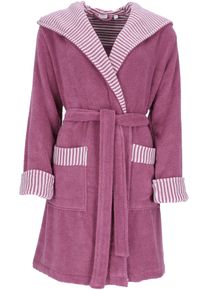 Damenbademantel Esprit "Day, ideal f&uuml;r Sauna & Spa, Hotelbademantel, Morgenmantel" Gr. L, lila (schwarzberry), L:97cm, Microfaser-Webfrottier, Hausm&auml;ntel, Damenbademantel, mit Kapuze, gestreiften Akzenten & Logostickerei, kurz