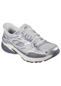 Slip-On Sneaker Skechers "STAMINA SPORT", Damen, Gr. 39, silber (silberfarben), Lederimitat, Mesh, metallic, Schuhe Slip-On Sneaker, Retro Sneaker, Schn&uuml;rschuh mit Metallic-Bes&auml;tzen