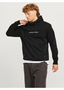 Jack & Jones Kapuzensweatshirt JACK & JONES "JJTREE SWEAT HOOD", Herren, Gr. S, schwarz (schwarz print:jack, jones), angeraute Sweatware, Obermaterial: 65% Polyester, 35% Baumwolle, bedruckt, Sweatshirts Kapuzensweatshirt