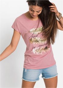 T-Shirt bonprix "T-Shirt mit Glitzerdruck", Damen, Gr. 44/46 (L), rosa (rauchrose bedruckt), Obermaterial: 65% Polyester, 35% Viskose, schmal, Shirts T-Shirt, schmale Passform, Kurzarm, mit Glitzerdruck