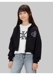 Sweatjacke Calvin Klein Jeans "CK LOGO TERRY ZIP THROUGH", M&auml;dchen, Gr. 6 (116), schwarz (ck schwarz), Sweatware, Obermaterial: 100% Baumwolle, unifarben, regular fit, Rundhals, B&uuml;ndchen, Sweatjacken Sweatjacke, f&uuml;r Kinder bis 16 Jahre, mit Glitzer-Applikation