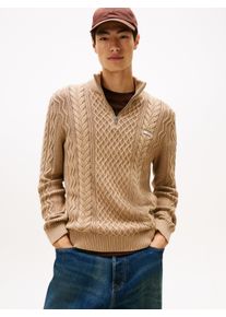 Strickpullover Tommy Jeans, Herren, Gr. L, coastal taupe tonal, Strick, Obermaterial: 100% Baumwolle, unifarben, slim fit normal, hoch geschlossener Ausschnitt, B&uuml;ndchen, Pullover Strickpullover, Troyer-Kragen mit Rei&szlig;verschluss, slim fit, Zopfstrick-Muster