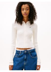 Strickjacke Tommy Jeans "TJW ESSENTIAL ZIPPER HOOD CARDI", Damen, Gr. XL (42), wei&szlig; (ancient wei&szlig;), Strick, Obermaterial: 65% Baumwolle, 35% Polyamid, unifarben, regular fit taillenlang, Rundhals, Strickjacken Strickjacke, mit Zopfstrickmuster und Kapuze