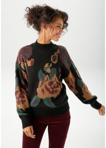 Strickpullover Aniston CASUAL, Damen, Gr. 38, rot (schwarz, ocker, smaragdgr&uuml;n, bordeaux), Strick, Obermaterial: 100% Polyacryl, Jacquardmuster, gebl&uuml;mt, gemustert, oversize h&uuml;ftlang, Rippstrickb&uuml;ndchen, Pullover Strickpullover, mit gro&szlig;fl&auml;chigen, eingestrickten Bl&uuml;ten