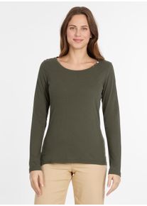 Langarmshirt Ragwear "FLLORAH LONG GOTS", Damen, Gr. S, gr&uuml;n (schwarz olive), Jersey, Obermaterial: 100% Baumwolle, unifarben, figurumspielend h&uuml;ftbedeckend, Rundhals, Shirts Langarmshirt, mit s&uuml;&szlig;en Zierkn&ouml;pfen am Ausschnitt