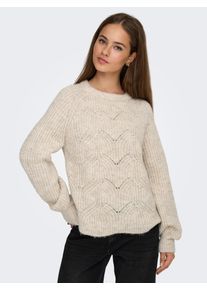 Strickpullover Only "ONLGILA LIFE LS STRUCTURE O-NECK BF KNT", Damen, Gr. L, wei&szlig;cap gray detail:melange, Strick, Obermaterial: 79% Polyester, 13% Polyacryl, 5% Wolle, 3% Elasthan, meliert, regular fit, Rundhals, Puff&auml;rmel Rippb&uuml;ndchen, Pullover Strickpullover